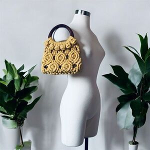 Vintage 1970s Crochet Knit Day Bag Handbag Circle Wooden Handle Yellow